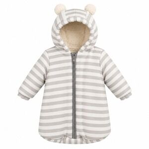 Mon Lapin Baby Bunting Snowsuit Gray White Stripe Sherpa Hood Pom Pom 0-3M
